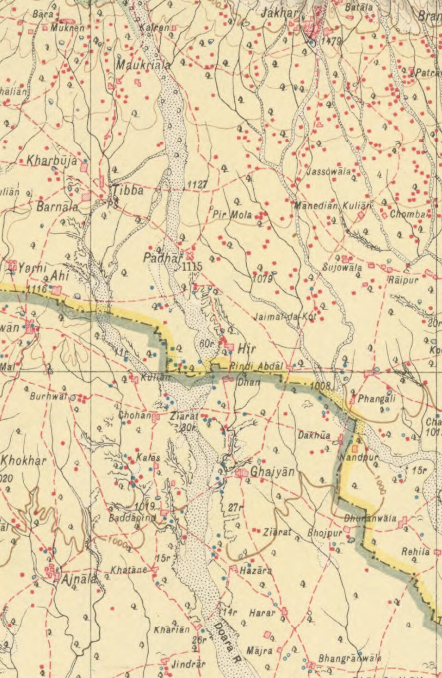 1921 Survey of India map showing Padhar, Hir, Barnala and Batala
